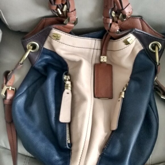 Or YANY BLUE/TAN LEATHER COLOR BLOCK WOMEN'S HOBO CROSSBODY BAG - Picture 2 of 9